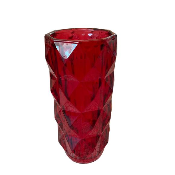 Ruby Red Heavy Glass Vase 11in Geometric Christmas Holiday Valentine NEW - Picture 14 of 14